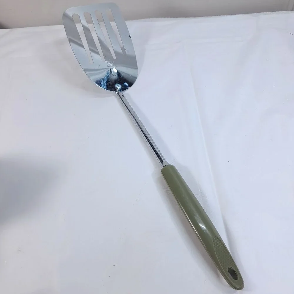 Vintage EKCO USA Chromium Plated Slotted Spatula turner Avocado Green Handle